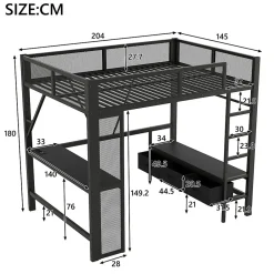 Okwish Lit Mezzanine 140x200 cm - Lit en Métal avec Bureau et Armoire ouverte, Tiroirs de Rangement, LED et USB, Sans Matelas, Noir