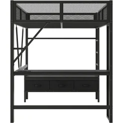 Okwish Lit Mezzanine 140x200 cm - Lit en Métal avec Bureau et Armoire ouverte, Tiroirs de Rangement, LED et USB, Sans Matelas, Noir