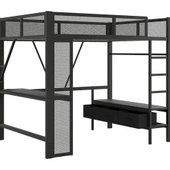 Okwish Lit Mezzanine 140x200 cm - Lit en Métal avec Bureau et Armoire ouverte, Tiroirs de Rangement, LED et USB, Sans Matelas, Noir