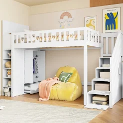 Okwish Lit Mezzanine 90x200 cm - Lit enfant avec Échelle et Rangement, Lit Combiné avec Espace de Rangement, Bois Massif - Blanc Online