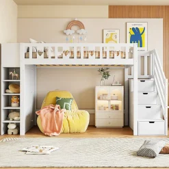 Okwish Lit Mezzanine 90x200 cm - Lit enfant avec Échelle et Rangement, Lit Combiné avec Espace de Rangement, Bois Massif - Blanc Online