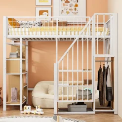 Okwish Lit Mezzanine 90x200 cm - Lit enfant et Adulte avec Rangement, Étagères et Escalier Sécurisé, Métal Blanc, Sans Matelas Outlet