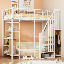 Okwish Lit Mezzanine 90x200 cm - Lit enfant et Adulte avec Rangement, Étagères et Escalier Sécurisé, Métal Blanc, Sans Matelas Outlet