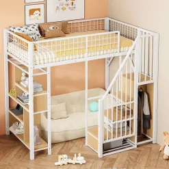 Okwish Lit Mezzanine 90x200 cm - Lit enfant et Adulte avec Rangement, Étagères et Escalier Sécurisé, Métal Blanc, Sans Matelas Outlet