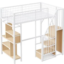 Okwish Lit Mezzanine 90x200 cm - Lit enfant et Adulte avec Rangement, Étagères et Escalier Sécurisé, Métal Blanc, Sans Matelas Outlet