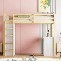 Okwish Lit Mezzanine 90x200 cm - Lit enfant avec Bureau et Rangement, Lit Combiné Bois Naturel et Blanc, Sans Matelas Discount