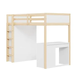 Okwish Lit Mezzanine 90x200 cm - Lit enfant avec Bureau et Rangement, Lit Combiné Bois Naturel et Blanc, Sans Matelas Discount