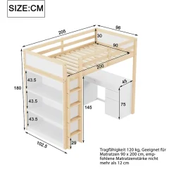 Okwish Lit Mezzanine 90x200 cm - Lit enfant avec Bureau et Rangement, Lit Combiné Bois Naturel et Blanc, Sans Matelas Discount