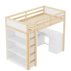 Okwish Lit Mezzanine 90x200 cm - Lit enfant avec Bureau et Rangement, Lit Combiné Bois Naturel et Blanc, Sans Matelas Discount