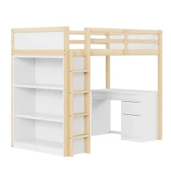 Okwish Lit Mezzanine 90x200 cm - Lit enfant avec Bureau et Rangement, Lit Combiné Bois Naturel et Blanc, Sans Matelas Discount