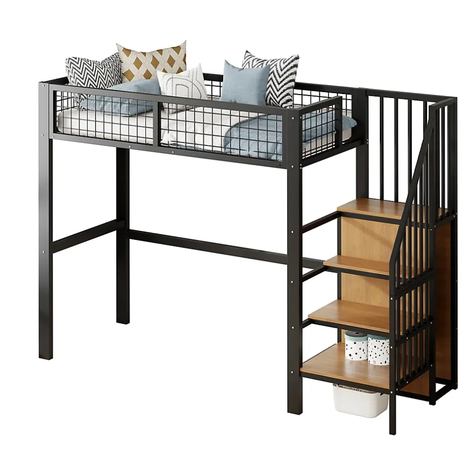 Okwish Lit Mezzanine 90x200 cm - Lit enfant avec Rangement, Étagères et Armoire Intégrée, Métal Noir, Échelle Sécurisée, Sans Matelas