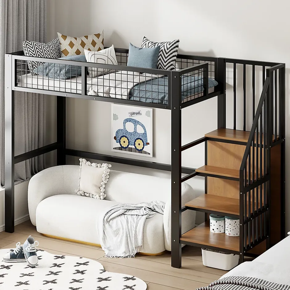 Okwish Lit Mezzanine 90x200 cm - Lit enfant avec Rangement, Étagères et Armoire Intégrée, Métal Noir, Échelle Sécurisée, Sans Matelas
