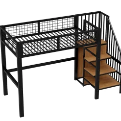 Okwish Lit Mezzanine 90x200 cm - Lit enfant avec Rangement, Étagères et Armoire Intégrée, Métal Noir, Échelle Sécurisée, Sans Matelas