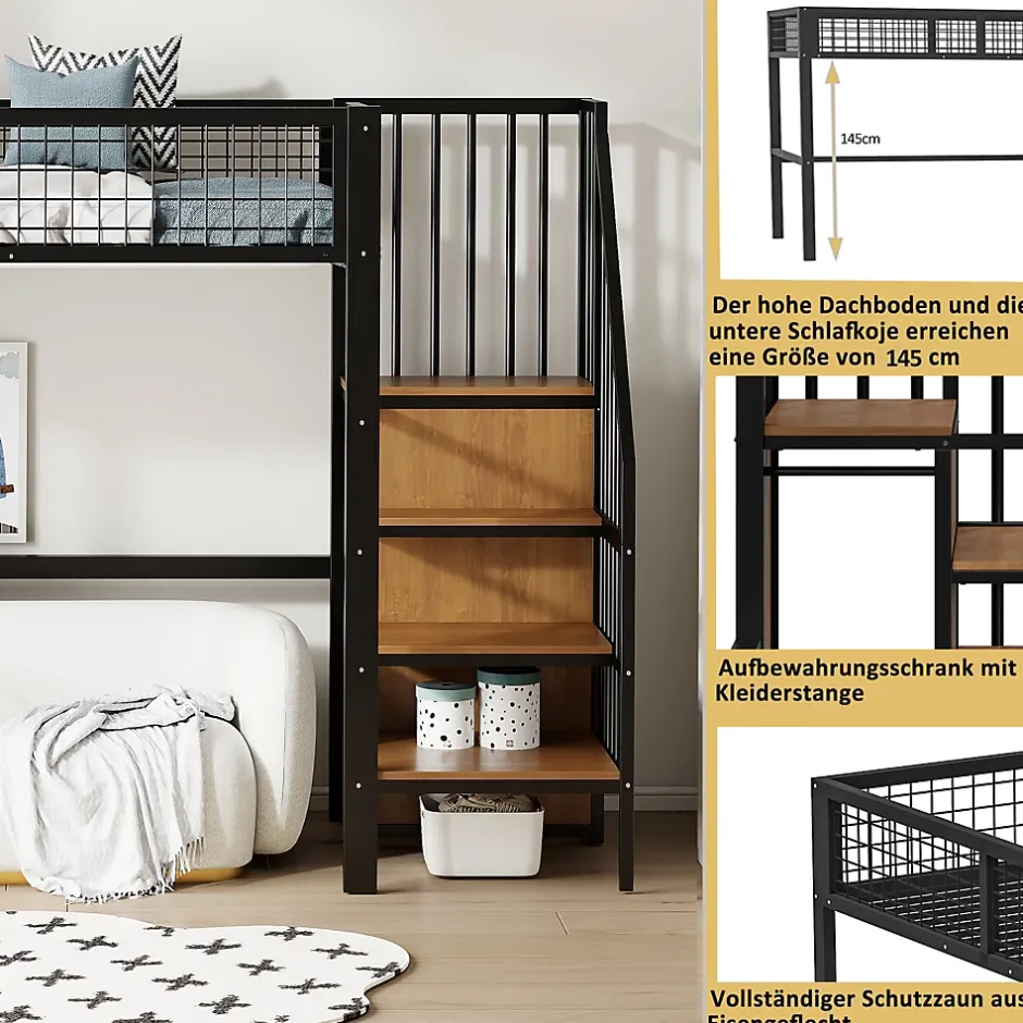 Okwish Lit Mezzanine 90x200 cm - Lit enfant avec Rangement, Étagères et Armoire Intégrée, Métal Noir, Échelle Sécurisée, Sans Matelas