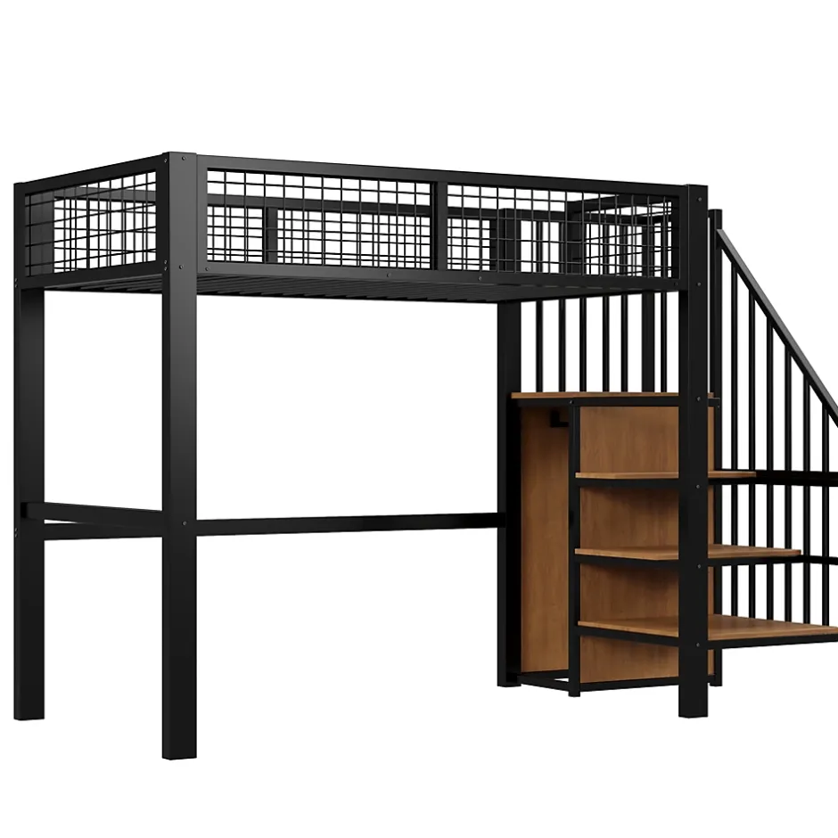 Okwish Lit Mezzanine 90x200 cm - Lit enfant avec Rangement, Étagères et Armoire Intégrée, Métal Noir, Échelle Sécurisée, Sans Matelas