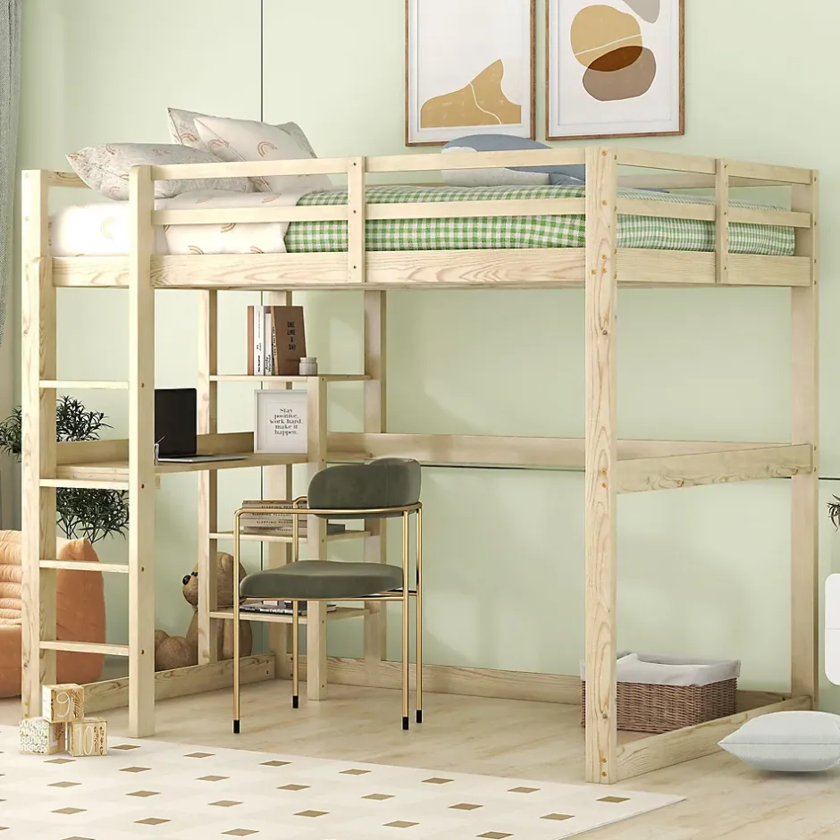 Okwish Lit Mezzanine 140x200 cm - Lit en Bois avec Bureau et 4 Compartiments de Rangement, Lit en Pin Naturel, Sans Matelas Best