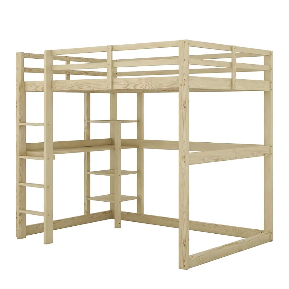 Okwish Lit Mezzanine 140x200 cm - Lit en Bois avec Bureau et 4 Compartiments de Rangement, Lit en Pin Naturel, Sans Matelas Best