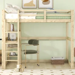 Okwish Lit Mezzanine 140x200 cm - Lit en Bois avec Bureau et 4 Compartiments de Rangement, Lit en Pin Naturel, Sans Matelas Best