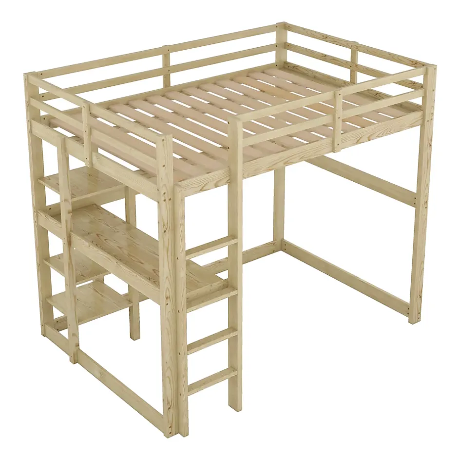 Okwish Lit Mezzanine 140x200 cm - Lit en Bois avec Bureau et 4 Compartiments de Rangement, Lit en Pin Naturel, Sans Matelas Best