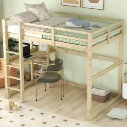 Okwish Lit Mezzanine 140x200 cm - Lit en Bois avec Bureau et 4 Compartiments de Rangement, Lit en Pin Naturel, Sans Matelas Best