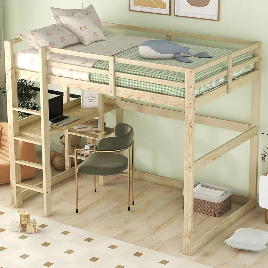 Okwish Lit Mezzanine 140x200 cm - Lit en Bois avec Bureau et 4 Compartiments de Rangement, Lit en Pin Naturel, Sans Matelas Best