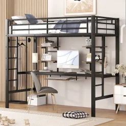 Okwish Lit Mezzanine 90x200 cm - Lit enfant avec Bureau et 2 Étagères - Métal + MDF - Sans Matelas - Noir Discount