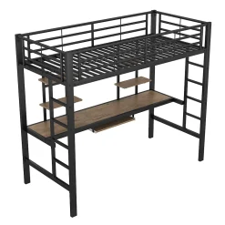 Okwish Lit Mezzanine 90x200 cm - Lit enfant avec Bureau et 2 Étagères - Métal + MDF - Sans Matelas - Noir Discount