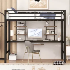 Okwish Lit Mezzanine 90x200 cm - Lit enfant avec Bureau et 2 Étagères - Métal + MDF - Sans Matelas - Noir Discount