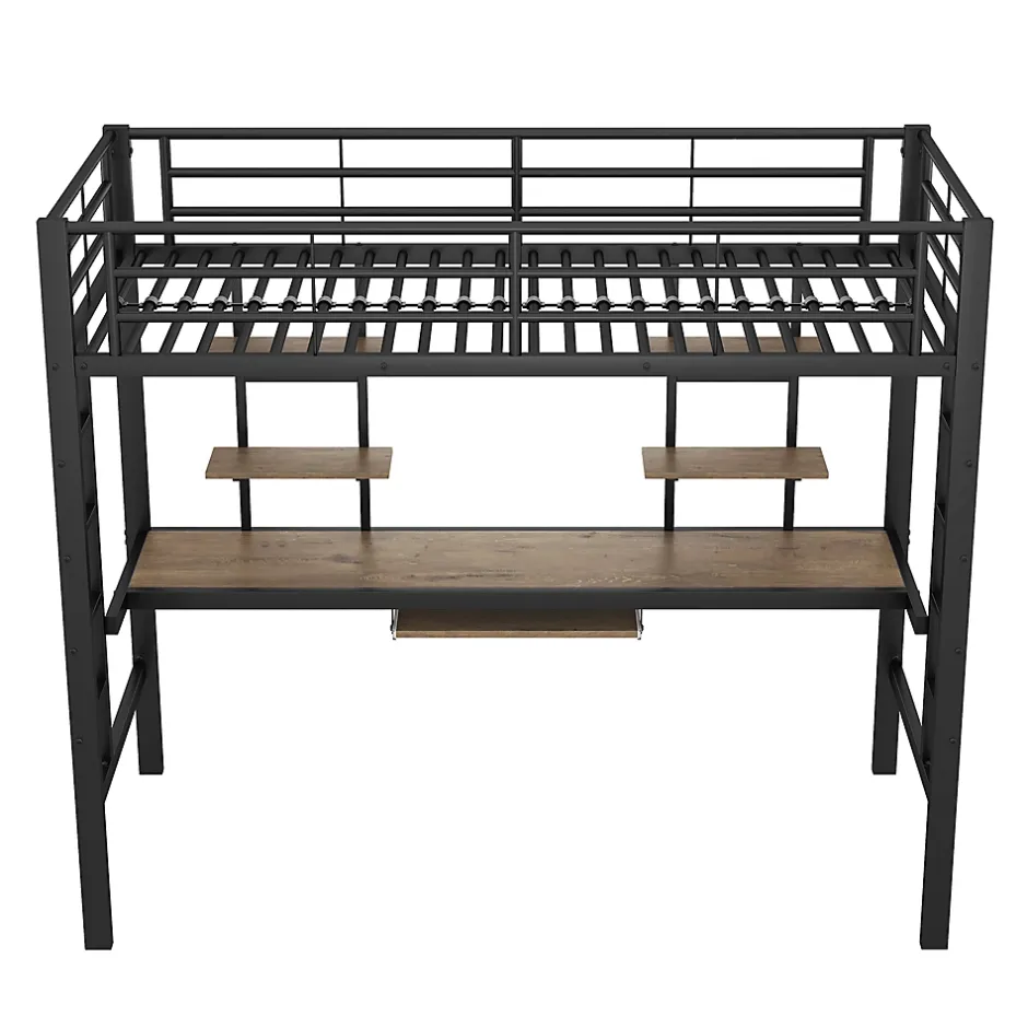 Okwish Lit Mezzanine 90x200 cm - Lit enfant avec Bureau et 2 Étagères - Métal + MDF - Sans Matelas - Noir Discount