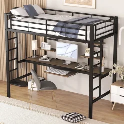 Okwish Lit Mezzanine 90x200 cm - Lit enfant avec Bureau et 2 Étagères - Métal + MDF - Sans Matelas - Noir Discount