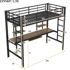 Okwish Lit Mezzanine 90x200 cm - Lit enfant avec Bureau et 2 Étagères - Métal + MDF - Sans Matelas - Noir Discount