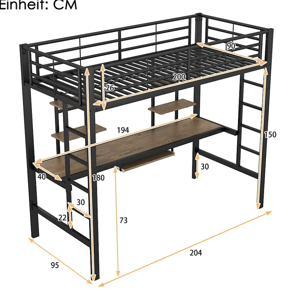 Okwish Lit Mezzanine 90x200 cm - Lit enfant avec Bureau et 2 Étagères - Métal + MDF - Sans Matelas - Noir Discount