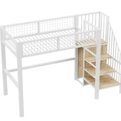 Okwish Lit Mezzanine 90x200 cm - Lit enfant avec Rangement, Armoire Intégrée, Étagères et Échelle Sécurisée, Métal Blanc Clearance