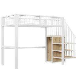 Okwish Lit Mezzanine 90x200 cm - Lit enfant avec Rangement, Armoire Intégrée, Étagères et Échelle Sécurisée, Métal Blanc Clearance