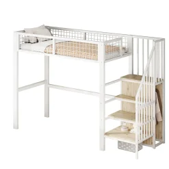 Okwish Lit Mezzanine 90x200 cm - Lit enfant avec Rangement, Armoire Intégrée, Étagères et Échelle Sécurisée, Métal Blanc Clearance