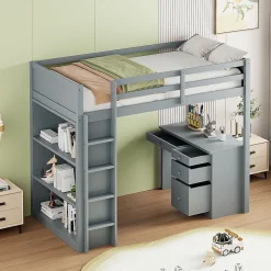 Okwish Lit Mezzanine 90x200 cm - Lit enfant avec Bureau et Rangement, Lit Combiné en Bois de Pin Gris, Sans Matelas