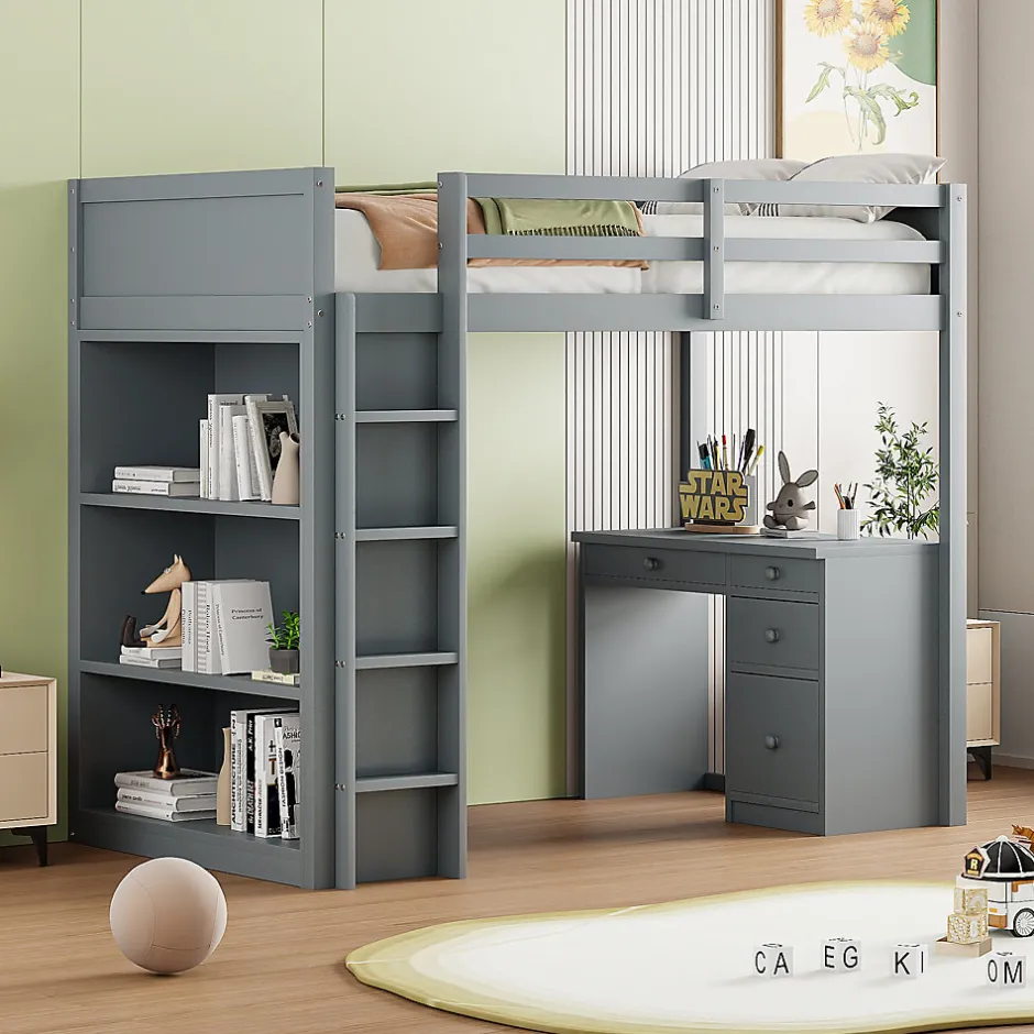 Okwish Lit Mezzanine 90x200 cm - Lit enfant avec Bureau et Rangement, Lit Combiné en Bois de Pin Gris, Sans Matelas
