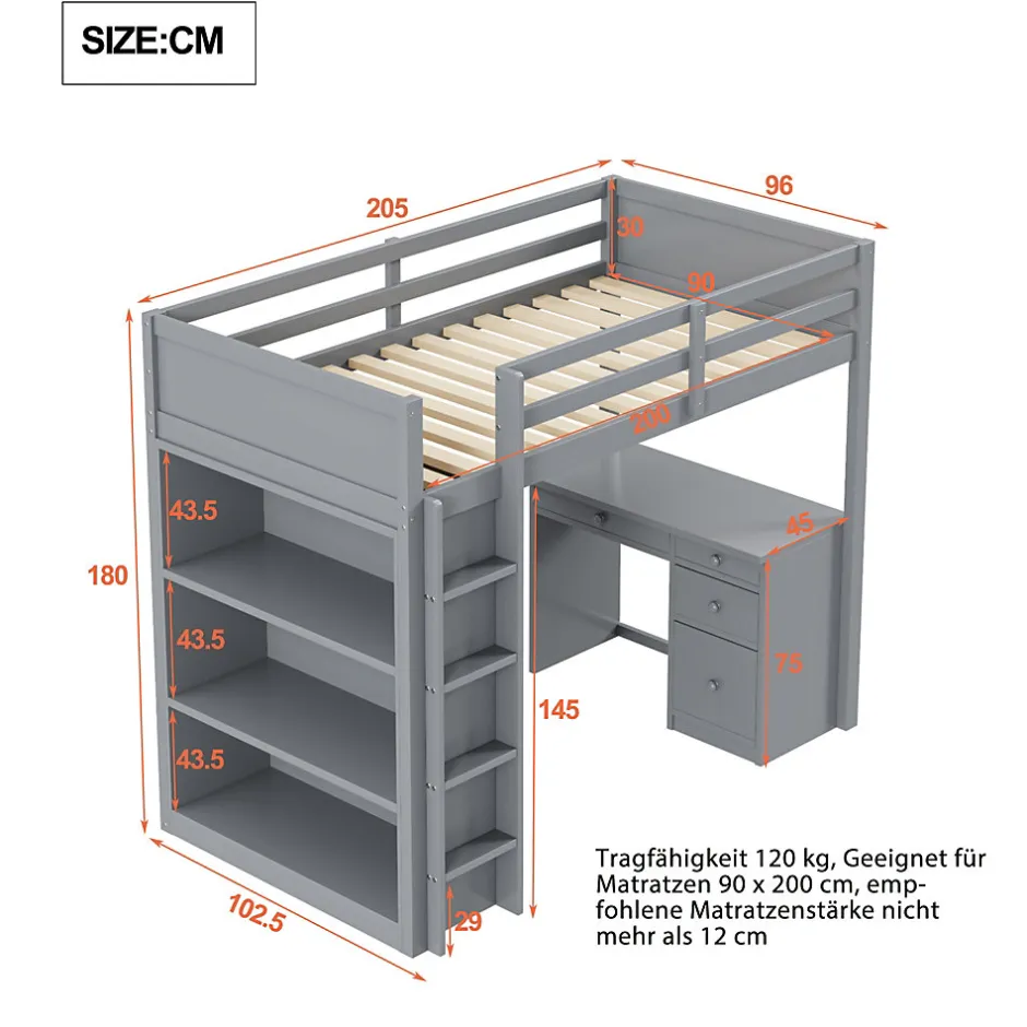 Okwish Lit Mezzanine 90x200 cm - Lit enfant avec Bureau et Rangement, Lit Combiné en Bois de Pin Gris, Sans Matelas