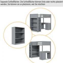 Okwish Lit Mezzanine 90x200 cm - Lit enfant avec Bureau et Rangement, Lit Combiné en Bois de Pin Gris, Sans Matelas
