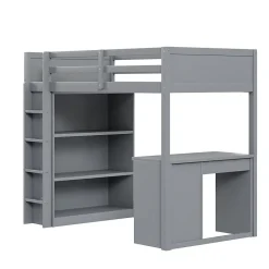 Okwish Lit Mezzanine 90x200 cm - Lit enfant avec Bureau et Rangement, Lit Combiné en Bois de Pin Gris, Sans Matelas