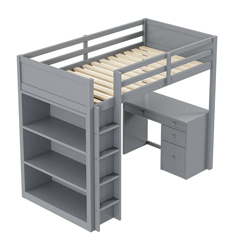 Okwish Lit Mezzanine 90x200 cm - Lit enfant avec Bureau et Rangement, Lit Combiné en Bois de Pin Gris, Sans Matelas