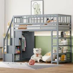 Okwish Lit Mezzanine 90x200 cm - Lit enfant avec Garde-Corps Sécurisé et Armoire Intégrée - Étagères Pratiques - Bois Massif - Gris