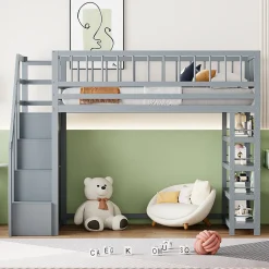 Okwish Lit Mezzanine 90x200 cm - Lit enfant avec Garde-Corps Sécurisé et Armoire Intégrée - Étagères Pratiques - Bois Massif - Gris