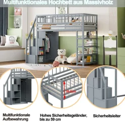 Okwish Lit Mezzanine 90x200 cm - Lit enfant avec Garde-Corps Sécurisé et Armoire Intégrée - Étagères Pratiques - Bois Massif - Gris
