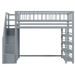 Okwish Lit Mezzanine 90x200 cm - Lit enfant avec Garde-Corps Sécurisé et Armoire Intégrée - Étagères Pratiques - Bois Massif - Gris