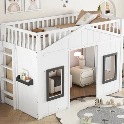 Okwish Lit Mezzanine 90x200 cm - Lit Mezzanine enfant avec Échelle, Protection Anti-Chute et Fenêtres, Design Bois, Blanc - Sans Matelas