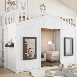 Okwish Lit Mezzanine 90x200 cm - Lit Mezzanine enfant avec Échelle, Protection Anti-Chute et Fenêtres, Design Bois, Blanc - Sans Matelas