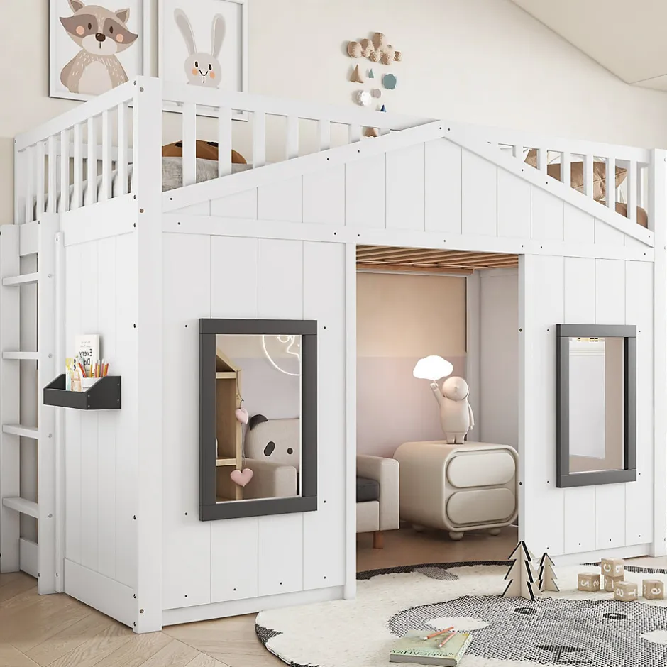 Okwish Lit Mezzanine 90x200 cm - Lit Mezzanine enfant avec Échelle, Protection Anti-Chute et Fenêtres, Design Bois, Blanc - Sans Matelas