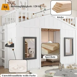 Okwish Lit Mezzanine 90x200 cm - Lit Mezzanine enfant avec Échelle, Protection Anti-Chute et Fenêtres, Design Bois, Blanc - Sans Matelas
