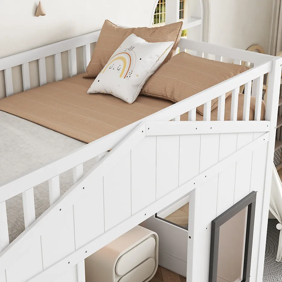 Okwish Lit Mezzanine 90x200 cm - Lit Mezzanine enfant avec Échelle, Protection Anti-Chute et Fenêtres, Design Bois, Blanc - Sans Matelas